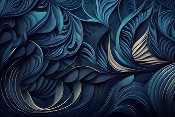 Watercolor Illustration of a Surreal Dark Blue Glossy Wallpaper With Abstract Wavy Shapes. Background With Curvy Organics Texture. Generative AI