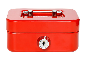 closed red metal case safety cash box with lock isolated on white background.