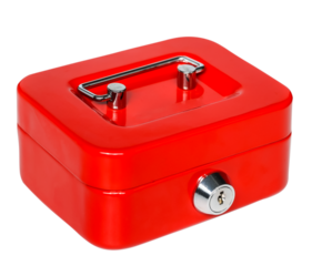 closed red metal case safety cash box with lock and stainless handle isolated on white background.