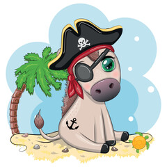 Cute pirate donkey in a cocked hat, with an eye patch. Child character, games for boy