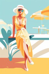 Blonde woman sit in tropical caffee. Hot summer. Cyan and yellow. Flat illustration. Vertical. Part of series. Travel of vacation concept. Generative AI