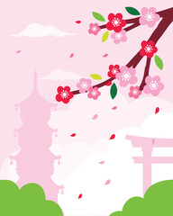 Colorful Japan background. Cherry blossom branch with famous Japan landmarks in the background. Flat design vector illustration. 