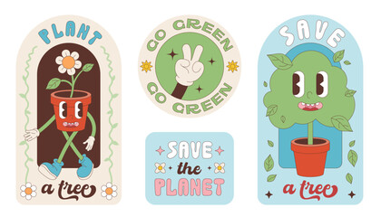 Set of eco stickers with plants and flowers. Save or plant a tree or a flower. Groovy retro illustration, editable stroke