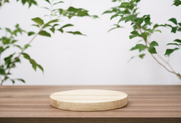 Wood podium tabletop floor with tree branch green leaf on white background.Beauty cosmetic and healthy natural product placement pedestal platform showcase stand display,spring or summer concept.