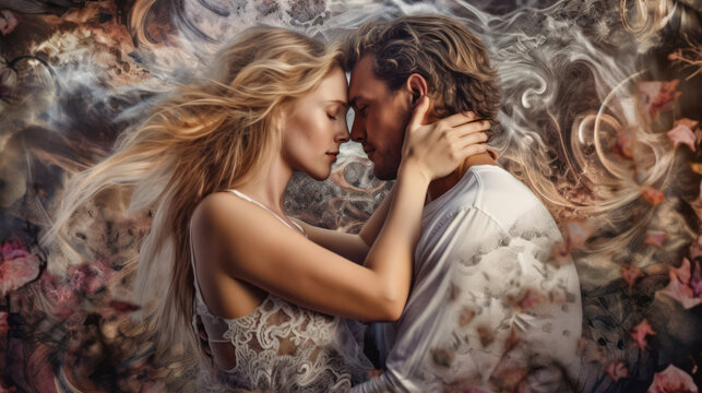 2 soulmates in an ethereal embrace with cloud and dream like background. Generative Ai.