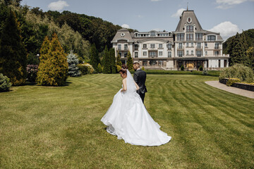 The bride and groom the walk through a picturesque field on the wedding day in the background of a...