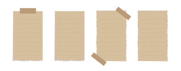 Taped vintage brown torn paper illustration set. Recycled memo note paper with adhesive tape mockup.