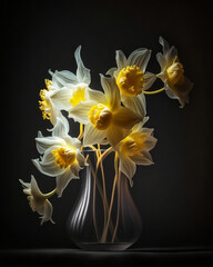 bouquet of white and yellow daffodils in vase on black background