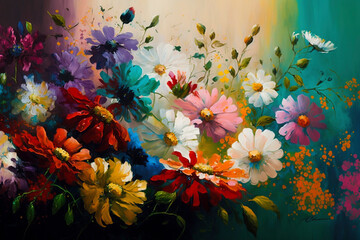 Colorful flowers as a panoramic background - Generative Ai