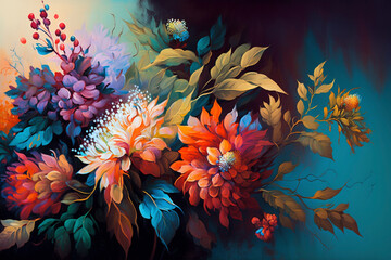 Colorful flowers on a canvas painted with oil paints - Generative Ai