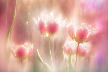Obraz premium fantasy pink flowers in soft fog