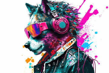 Wolf Smilecore Punk Colorful Chromies. Generative AI - obrazy, fototapety, plakaty