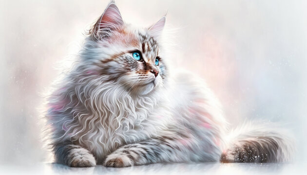 American Bobtail Cat Medium Shot  White Pink And Blue And Magical And Fantasy Bokeh. Generative AI