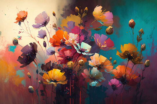 Colorful flowers on a canvas painted with oil paints - Generative Ai