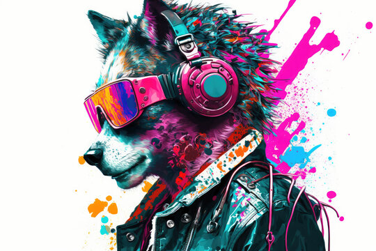 Wolf Smilecore Punk Colorful Chromies. Generative AI