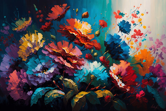 Colorful flowers on a canvas painted with oil paints - Generative Ai