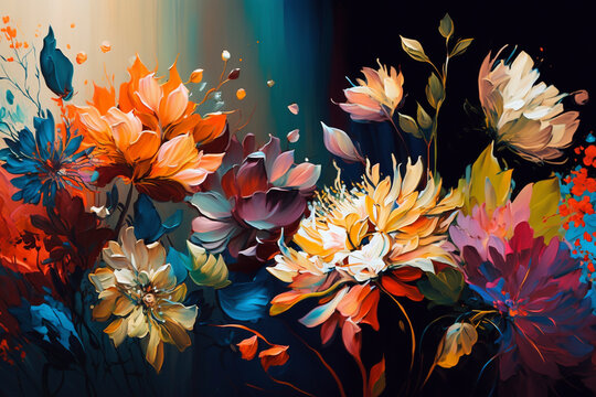 Colorful flowers on a canvas painted with oil paints - Generative Ai
