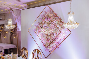 Bride and Groom Chair at Wedding Reception. Everything is almost finished for wedding ceremony....
