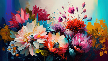 Beautiful canvas of vivid flowers in oil painting - Generative Ai