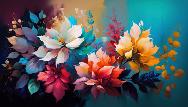 Beautiful canvas of vivid flowers in oil painting - Generative Ai