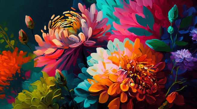 Fototapeta Beautiful canvas of vivid flowers in oil painting - Generative Ai