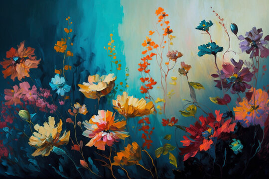 A Canvas of multicolor Flowers in oil painting - Generative Ai