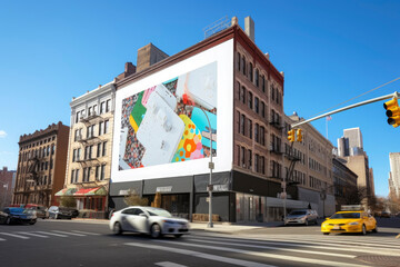 billboard with photography at city street. Ilustration. Generative AI