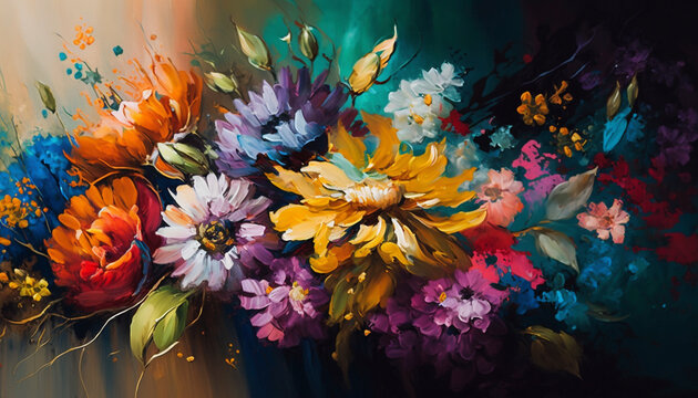 Vivid Flowers Fields, beautiful pattern in oil painting - Generative Ai