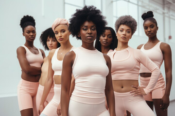 Fototapeta na wymiar Large group of black young women training in gym standing strongly with smart pose. posing for portrait, sportswear and winning attitude. Illustration. Genreative AI