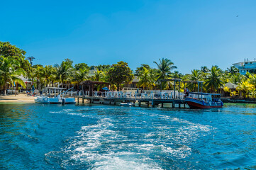 Fototapeta na wymiar A view from a boat looking back towards the shore at West Bay on Roatan Island on a sunny day