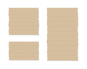 Vintage brown torn paper note set. Recycled memo paper with adhesive tape vector illustration.