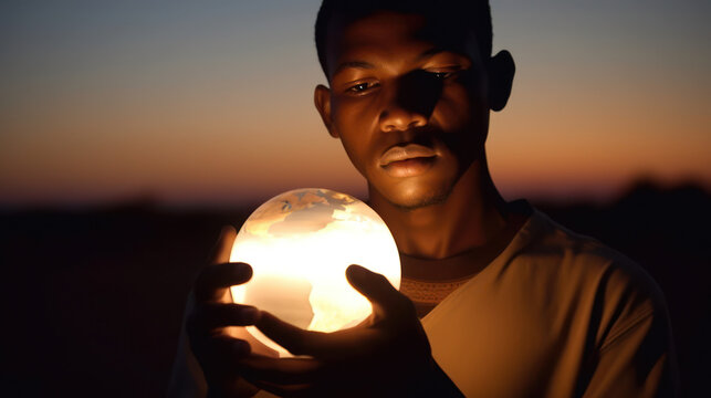 Young African person holding an illuminated Earth globe in front of their face. with a renewed sense of hope for humanity. Generative Ai