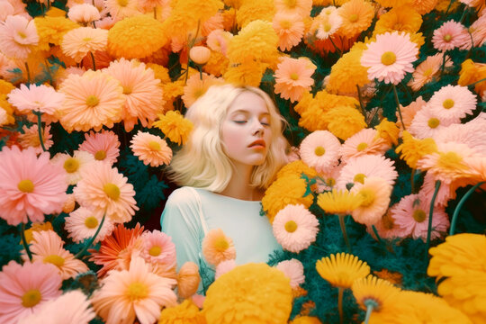 Fashion model blonde woman with closed eyes and white t-shirt, surrounded by colorful flowers in a meadow in spring. Spring. Illustration, Generative AI