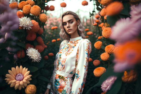 Fashion woman in a flowery jumpsuit looking at camera in the field surrounded by tall orange dahlia flowers during a country walk in spring. Illustration. Generative AI.