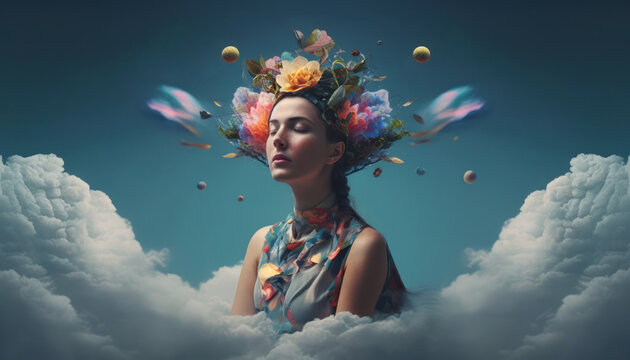 Surreal image of a woman meditating in the clouds with colourful floral energy appearing in her mind. Generative Ai.