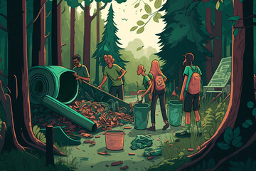 Illustration of people cleaning forest created with generative AI technology