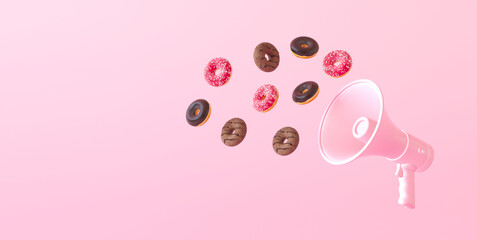 Colorful sweet donuts with pink megaphone on a pastel pink background. Creative minimal sweet food concept. 3d render illustration. Copy space for bakery banner.