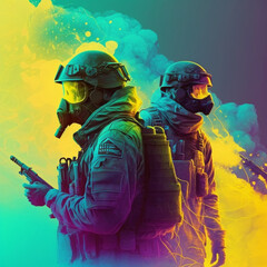 military, squad, smoke, neon color, fantasy, illustration, wallpaper - Generative AI