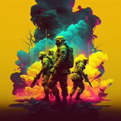 military, squad, smoke, neon color, fantasy, illustration, wallpaper - Generative AI