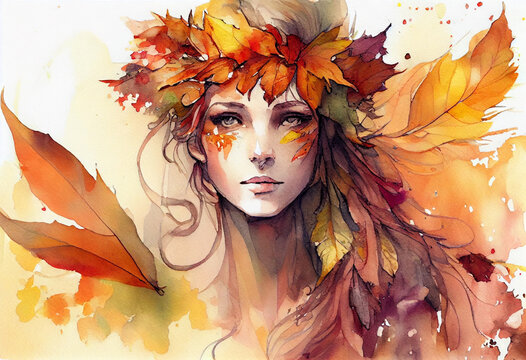 The image of an autumn woman. Portrait of a woman with a wreath of autumn leaves. AI generated