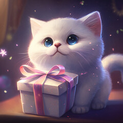 white cat with gift illustration wallpaper - Generative AI