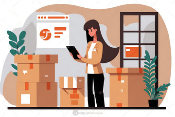  Flat vector illustration A woman designs and sends an online order on a tablet to send a package over the internet from her office. Creative, technical and logistical... 