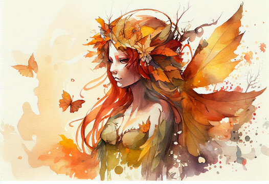 The image of an autumn woman. Portrait of a woman with a wreath of autumn leaves. AI generated