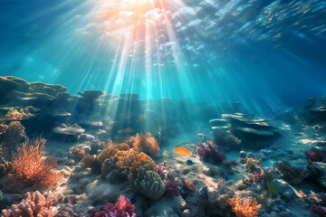 Naklejka premium Colorful underwater world with sunbeams - Generative AI