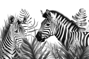 Black and white background with zebras and tropical leaves - Generative AI