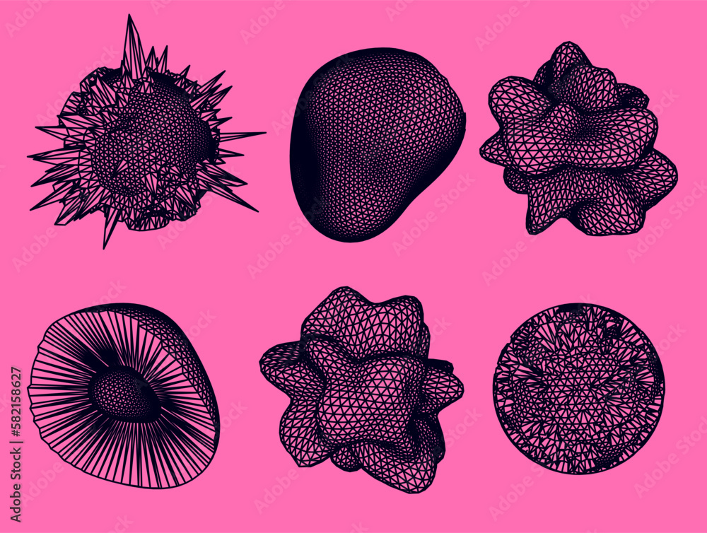 Poster distorted shapes made of mesh. set of abstract vector 3d elements for cover or poster design.
