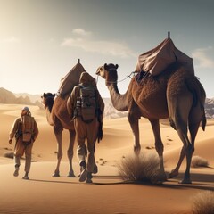 A man and two camels walk through the desert. Generative AI