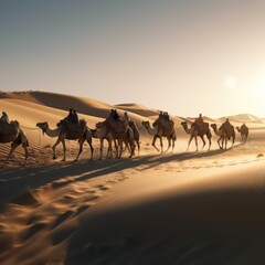 A line of camels walk through the desert. Generative AI