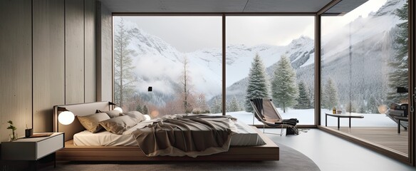 A modern luxury bedroom overlooking an alpine landscape, with a bed, modern decor, and indoor plants (Generative AI)