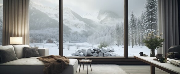 A modern luxury living room space, large windows with wintry alpine views, a comfortable sofa, modern decor and indoor plants(Generative AI)